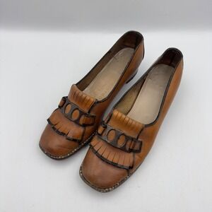 Botticelli Originals Vintage Brown Leather Kiltie Loafers Block Heel 7.5M